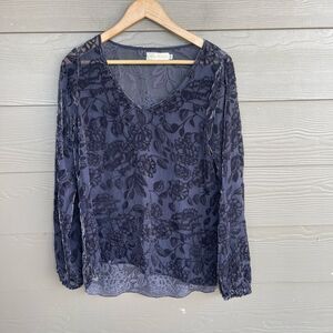 Johnny Was 4 Love and Liberty Blue Velvet Long Sleeve Burnout Blouse with V-Neck
